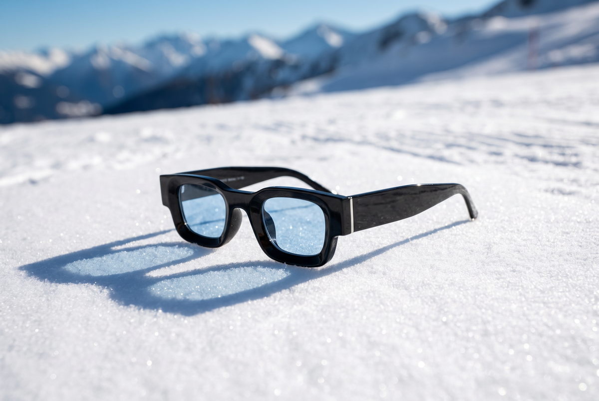 REX zonnebril zwart met blauwe glazen in de sneeuw aan de rand van een skipiste
