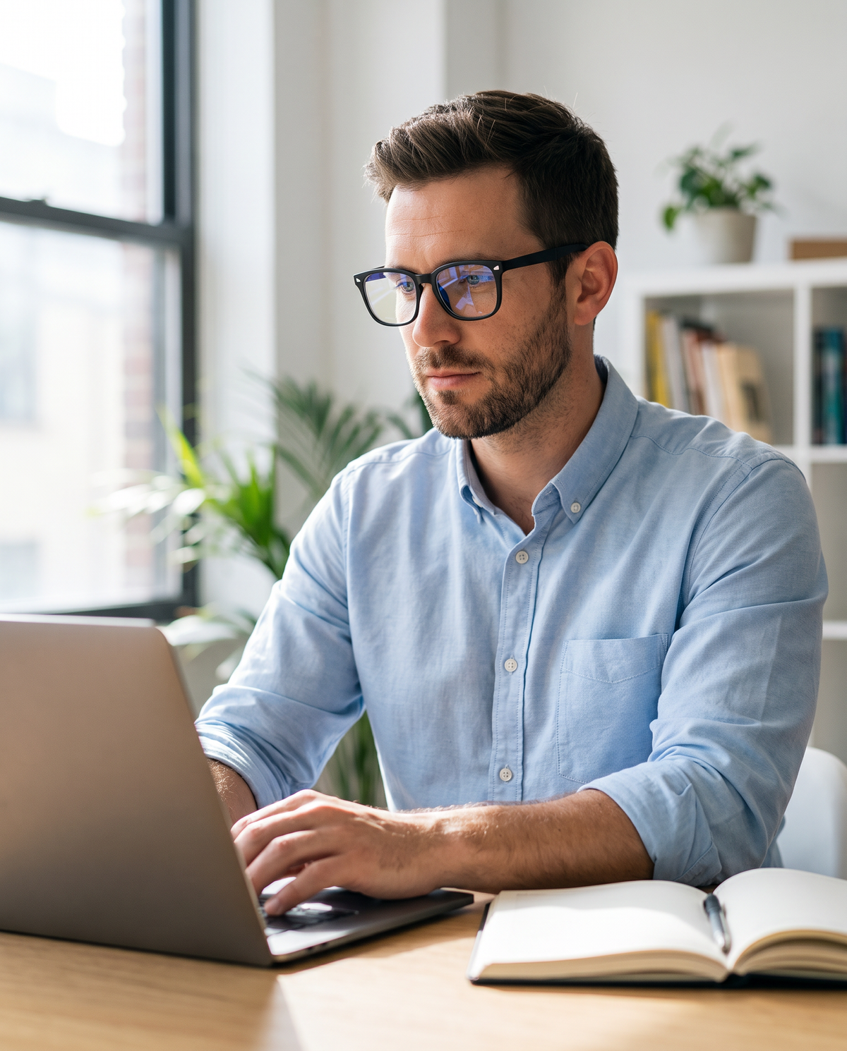 FOLD foldable blue light glasses, black, worn by a man working in an office